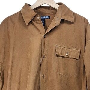Drill Shirt Mens Large Brown Microfiber Suede Long Sleeve Button Up Workwear
